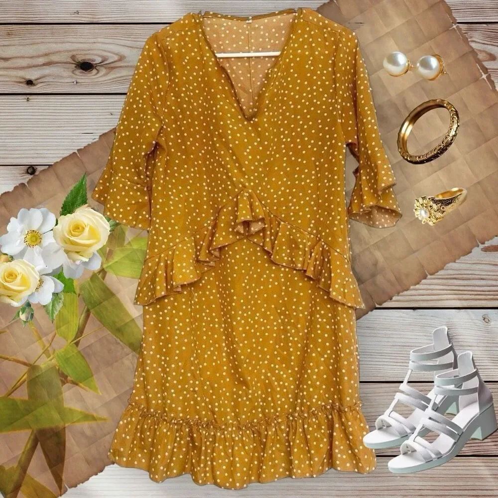 🔥4/$25 Shein Yellow V-Neck Polka Dot Ruffle Sundress Size Small